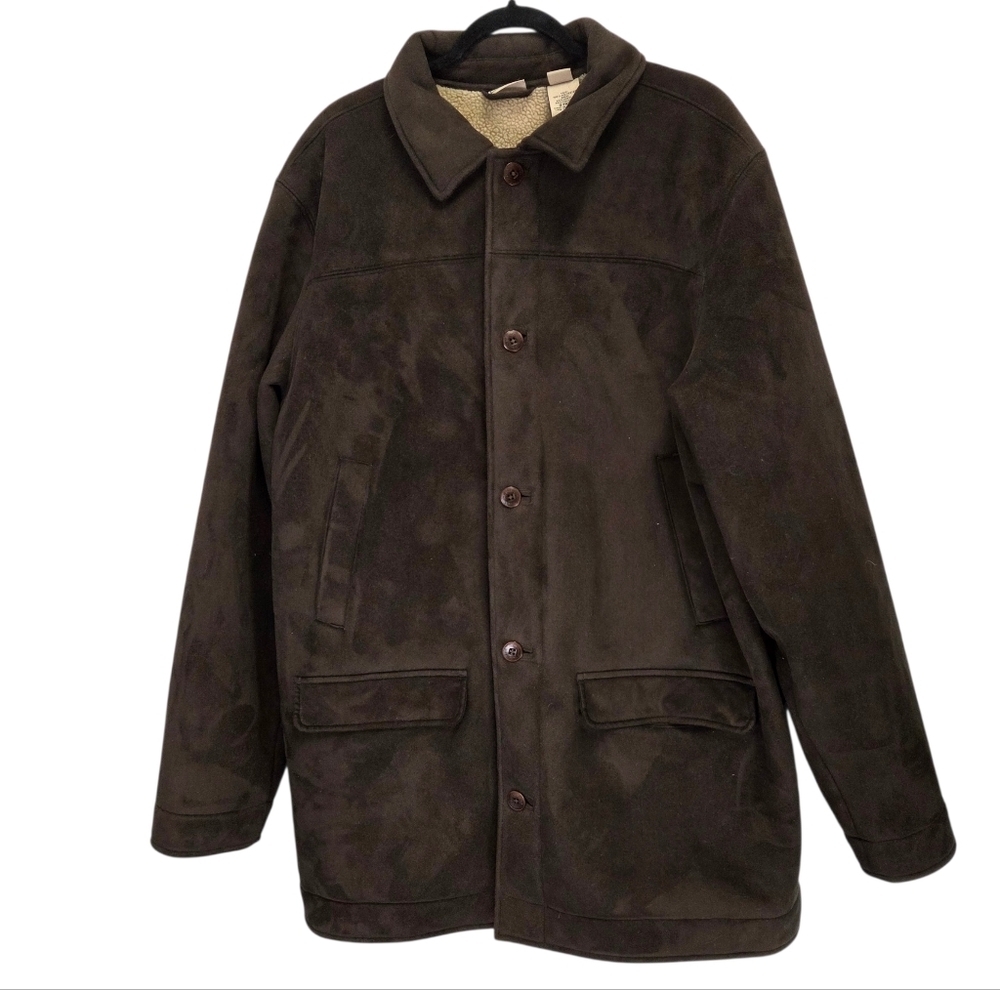 LL Bean Chore Barn Coat Mens Brown Faux Suede Sherpa Lined Jacket Size XL Tall